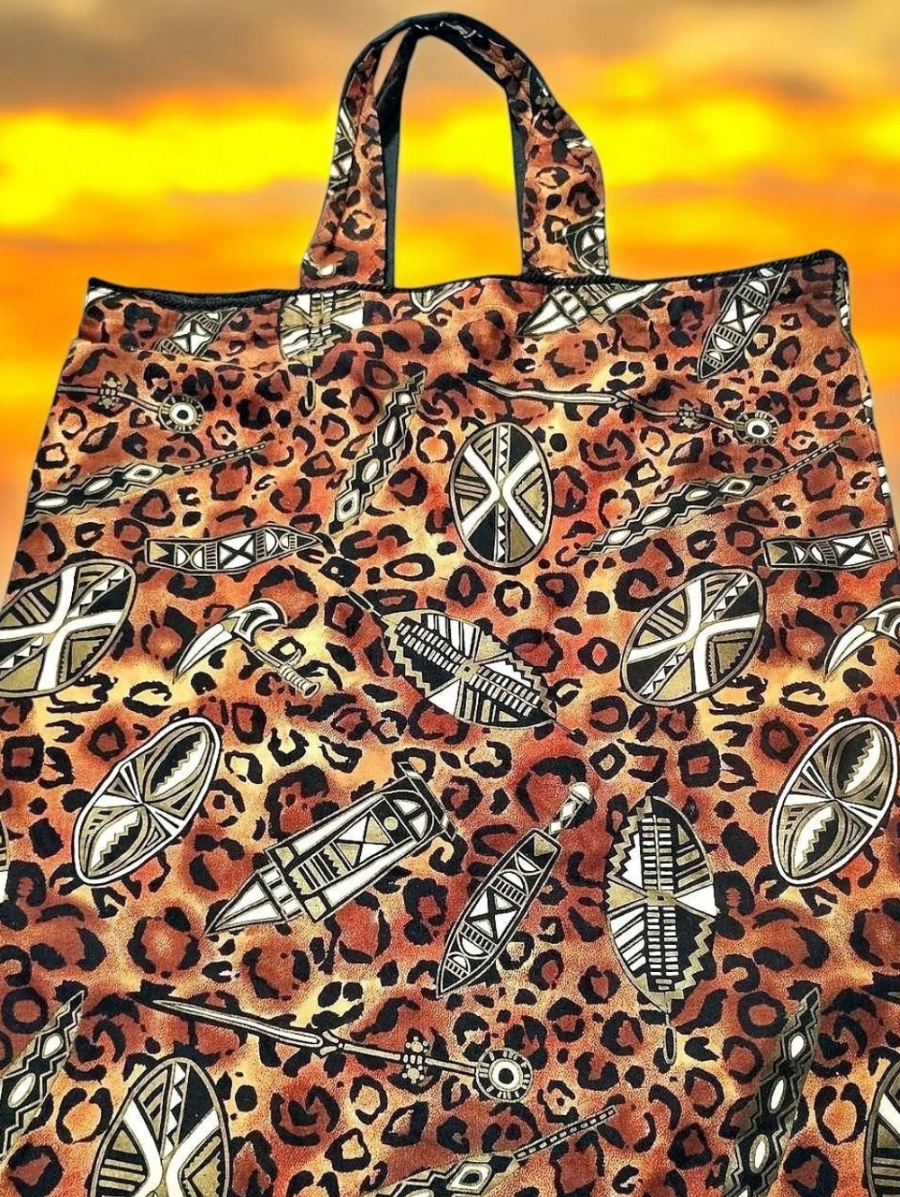 Tribal Shield & Leopard Print Tote in Orange and Black
